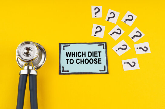 On a yellow background, a stethoscope, question marks and a sticker with the inscription - Which diet to choose