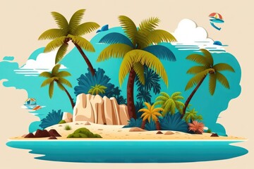 Fototapeta na wymiar Colorful Kite Flying on a Sunny Tropical Island with Palm Trees. Generative AI