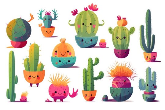 Cute cartoon watercolor cactus Generative AI