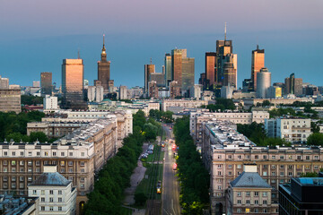 Fototapeta na wymiar Aerial panorama of Warsaw city during sunset.