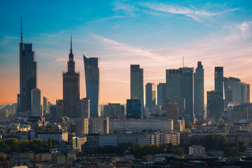 Warsaw city panorama during sunset