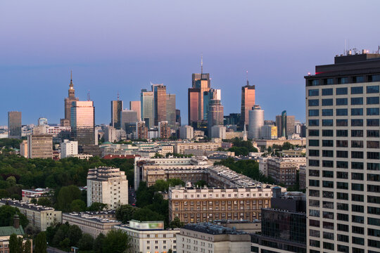 Aerial panorama of Warsaw city during sunset. © Cinematographer