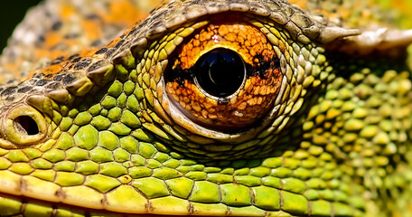 Naklejka premium close up of a green iguana, lizard, camaelon, monster, reptil, eyes, ojos, animal, zoo, perfect, red, point, wide angle, canon, nikon, sony, 3d