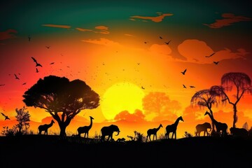 Abstract  Savana landscape , sunset and animals generative AI