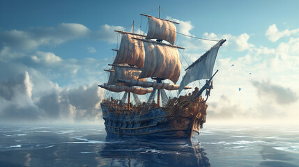 ship in the ocean, pirates, ols navy, sea, river