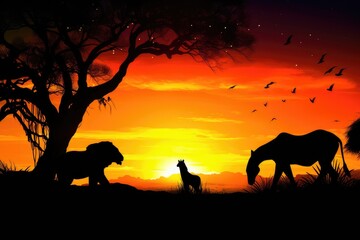 Abstract  Savana landscape , sunset and animals generative AI