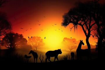 Fototapeta na wymiar Abstract Savana landscape , sunset and animals generative AI