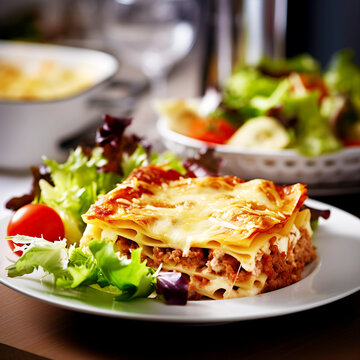 Freshly baked homemade lasagna with vegetables and cheese served on a piece of lettuce.  generative ai