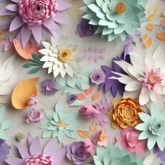 Digital illustration of a seamless tile pattern, colorful paper flowers, joyful palette, square orientation, generative AI
