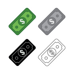 Dollar banknote icon set on white background. Colored cartoon black  monochrome outline vector illustration.