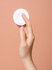 Womans hand holding a clean cotton disk. Applying cosmetic products or pilling nail polish. Fingernail, hand and body care concept. Image for beauty salon, cosmetologist or manicure artist promotion.