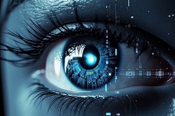 The Future of Refractive Correction. Laser Robotics the Future of Eye Surgery. Close up of eye with blue neon cyber circuit. AI generative