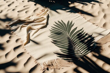 single palm leaf resting on a white blanket. Generative AI