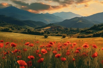 Plakat Landscape with poppies field with mountains on the background generative ai