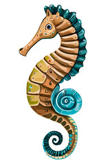 Cute seahorse isolated on transparent background. Naive art style illustration. AI generated