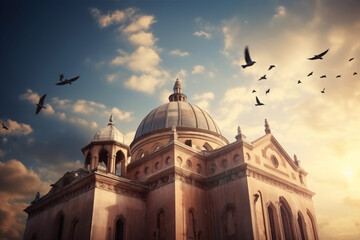 Spiritual Tranquility: Architectural Splendor Embraced by Sky and Flight, Generative Ai