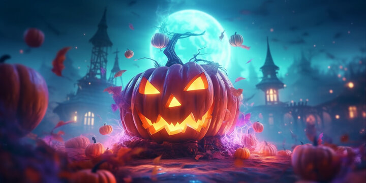 Halloween night background with a cemetery and pumpkins and moon. Neon color, AI Generated