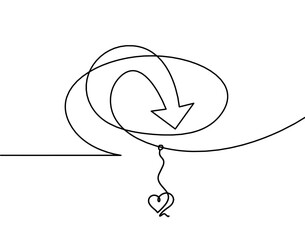 Abstract continuous lines arrows and heart as drawing on white background