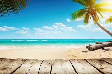 Fototapeta premium tropical paradise with a single palm tree on the beach. Generative AI