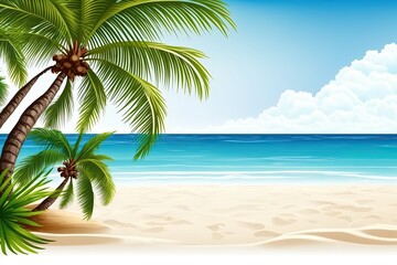 Fototapeta na wymiar tropical beach with palm trees and clear blue ocean water. Generative AI
