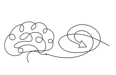 Abstract continuous lines arrows and brain as drawing on white background