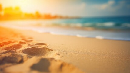 Tropical summer sand beach and bokeh sun light on sea background. Generative AI