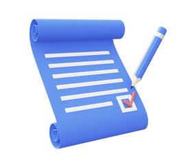 3d illustration icon of blue pencil Checklist letter note