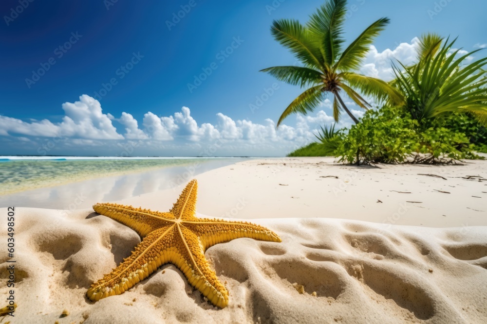 Poster starfish resting on a tropical beach with palm trees. generative ai