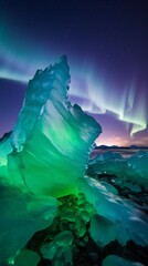 Glowing luminescent arctic ice and iceberg under the northern lights aurora borealis. Gorgeous magical winter landscape. Environmental concept. Generative AI.   
