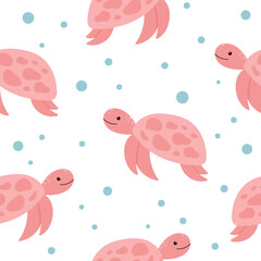 Seamless sea pattern with hand drawn turtle. Sea life vector illustration. Vector colorful childish seamless repeat simple flat pattern with turtle on white background. Cute turtle.