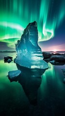Glowing luminescent arctic ice and iceberg under the northern lights aurora borealis. Gorgeous magical winter landscape. Environmental concept. Generative AI.   
