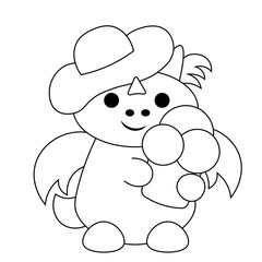 Cute cartoon dragon in a beach hat and with ice cream in black and white