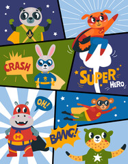 Super animal baby comic page template. Animals superheroes in cape and mask graphic poster. Children hero classy vector banner or background