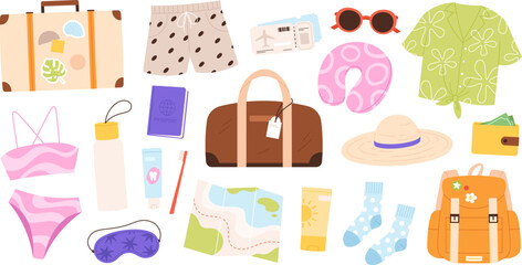 Travel trip accessories, trendy suitcase items. Adventure clothes, resort and beach vacation luggage. Travelling holiday racy vector icons