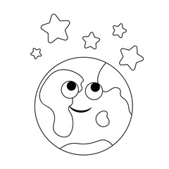 Cute cartoon planet earth with stars in black and white