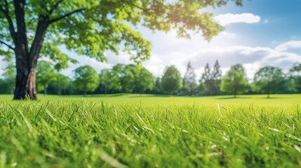 Obraz premium Beautiful blurred background image of spring nature with a neatly trimmed lawn surrounded by trees against a blue sky with clouds on a bright sunny day. Generative AI