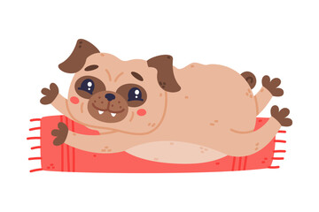 Funny Pug Dog Character with Wrinkly Face Lying on Mat in Yoga Pose Vector Illustration