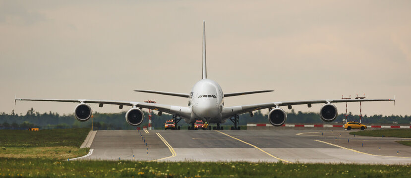 PRAGUE, Czech republic - May 13, 2023: Lufthansa Airbus A380 at Vaclav Havel airport Prague (PRG).The A380 is currently the largest passenger airliner. Lufthansa is the flag carrier of Germany.