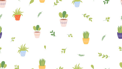 Natural plants in pots seamless pattern. Greenhouse elements, home garden and planting. Grass and greenery, gardening vector print design