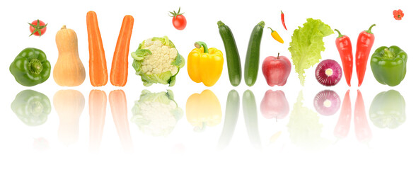 Panorama ripe fresh fruits and vegetables with reflection isolated on white