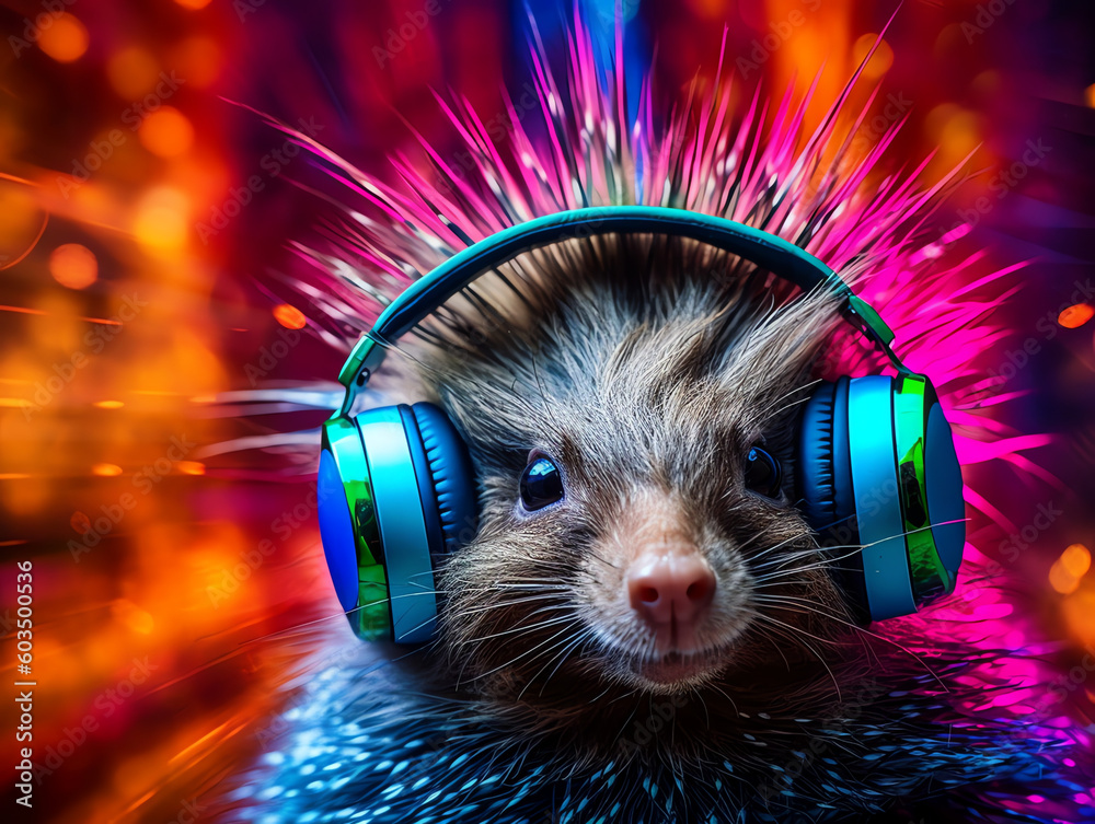 Poster Music dj porcupine wearing headphones and listening to music - Colorful neon background - Generative AI