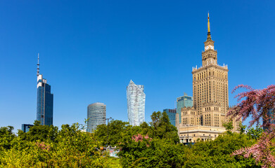 Srodmiescie downtown business district of Warsaw, Poland city center with modern architecture of office towers and skyscrappers