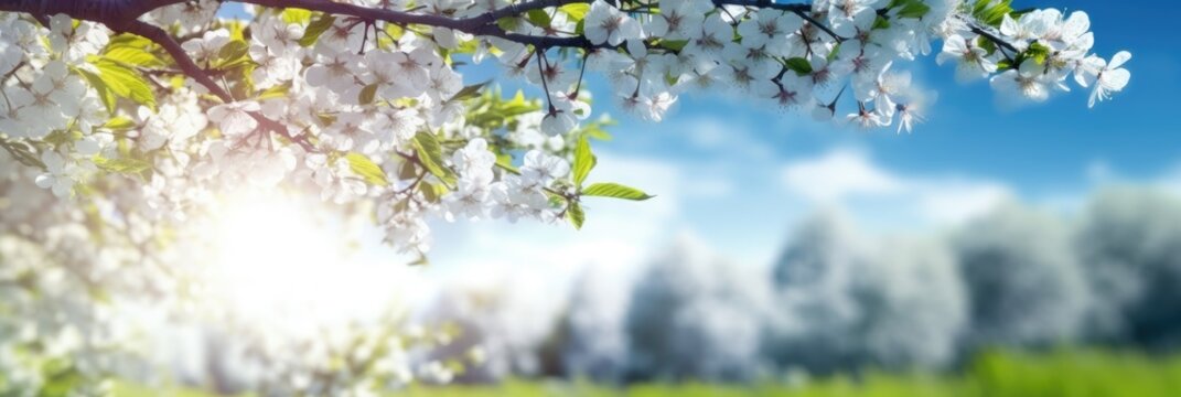 Beautiful blurred background image of spring nature surrounded by flowering trees and flowers against a blue sky with clouds on a bright sunny day. Generative AI