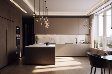 Fototapeta na wymiar modern kitchen interior in beige color and wood, french windows created using generative AI tools