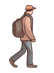 Successful man walking with backpack in motion