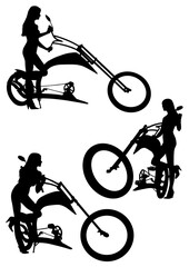 Vector drawing a girl on a bike. Isolated silhouette on white background