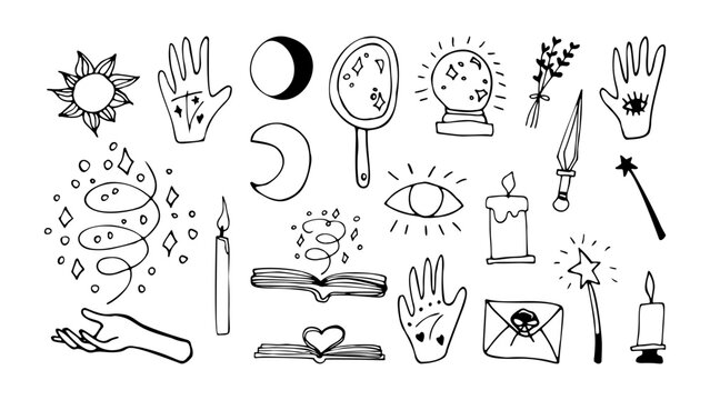 Doodle vector about esoteric, divination. Hand drawn magic, sun, moon, candles, book and other