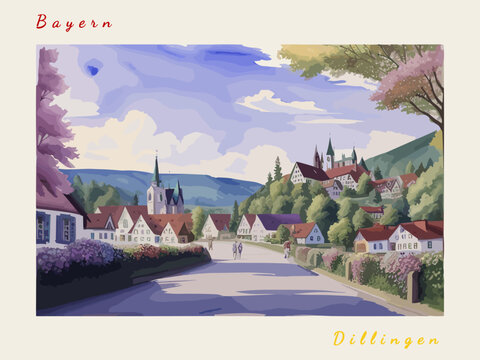 Dillingen: Post card design with Town in Germany and the city name Dillingen