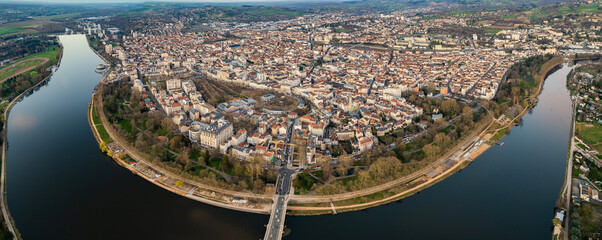 Aerial around the city Vichy on a sunny day in early spring.