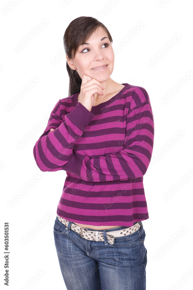 Wall mural young casual woman on white background